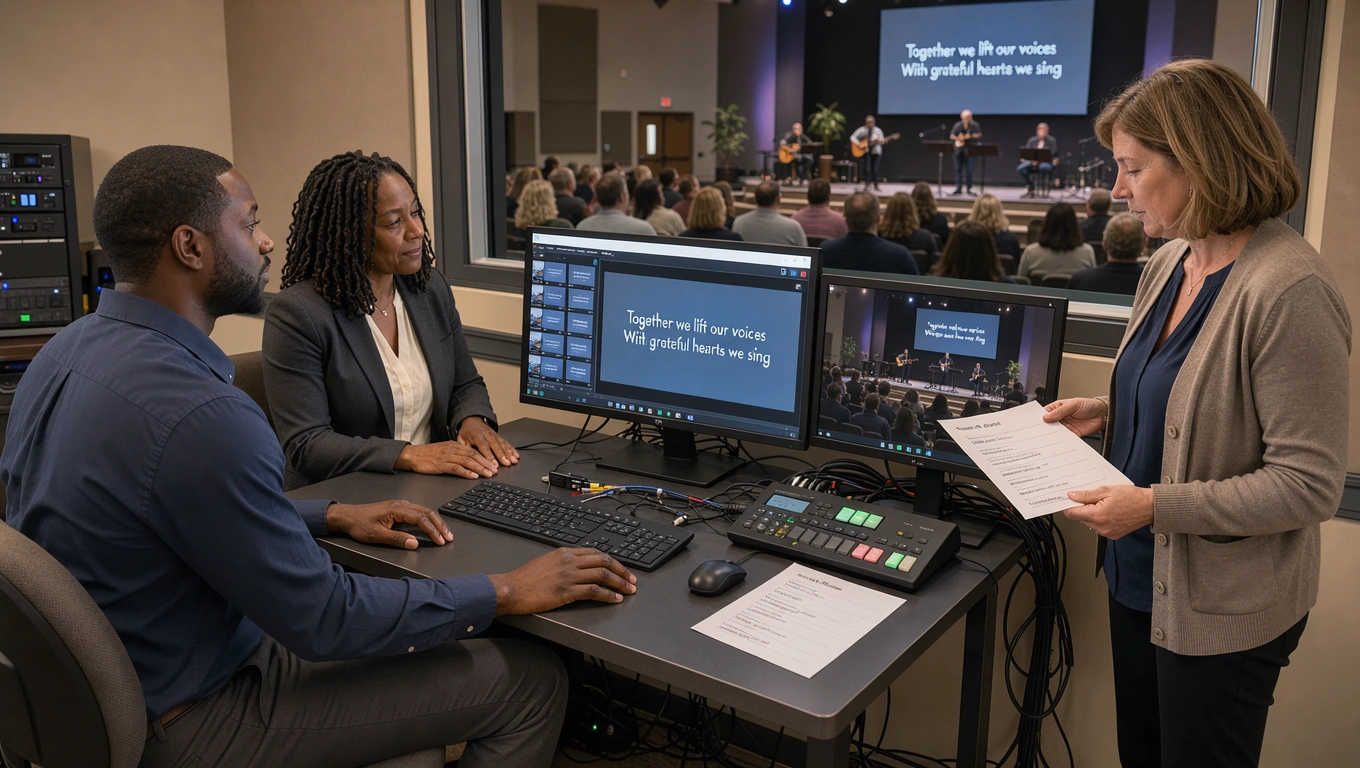 Church media professionals preparing song lyrics